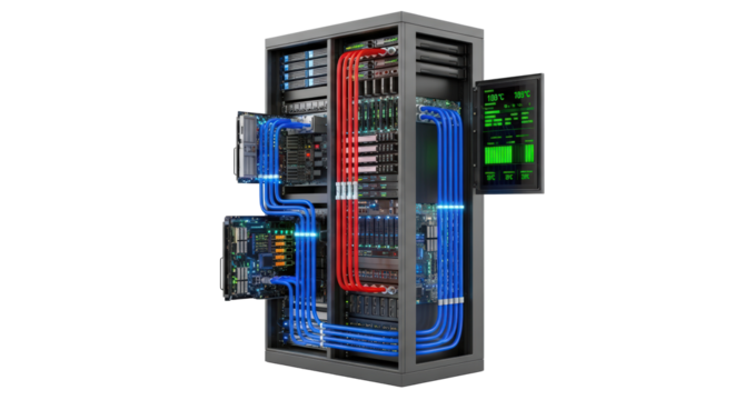 Futuristic server rack with glowing blue and red lights data center equipment isolated on transparent background - Powered by Adobe