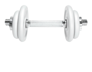 A pristine white dumbbell isolated on black, showing a shiny metal handle and plates