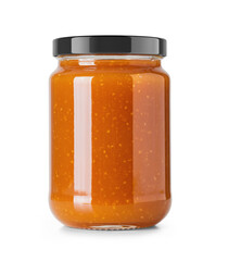 lear Glass Jar Filled with Peach Jam without label with glossy cap