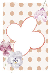 Watercolor Template Frame with polka dot and viola. Cozy autumn design. Whimsical vintage element in cottagecore style for invitation, social media and posters.