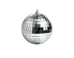 A spherical object covered in mirrored tiles hangs against a black background