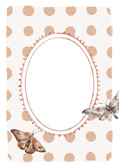 Watercolor Template Frame with polka dot and butterflies. Cozy autumn design. Whimsical vintage element in cottagecore style for invitation, social media and posters.