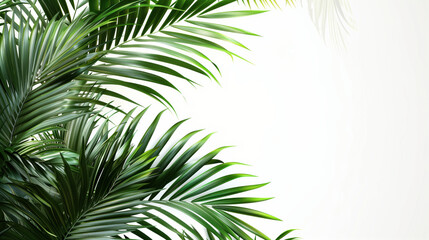 Fototapeta premium Green Palm Fronds: A lush array of vibrant green palm fronds cascade gently against a blank background, creating a refreshing sense of serenity and conveying the tropical essence of nature.