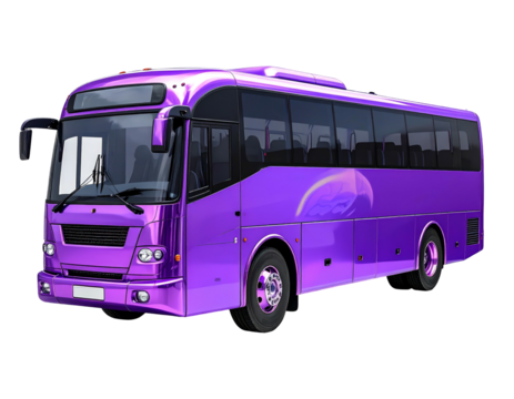 A sleek, metallic purple passenger coach bus, side profile view, against a black background