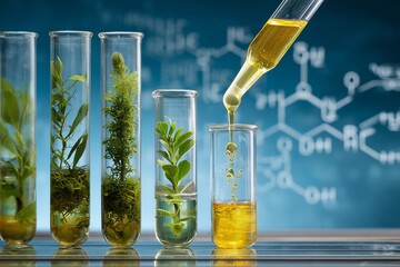 Plant Extracts in Test Tubes with Pipette and Chemical Background