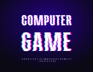 Vector Modern poster Computer Game. Digital Glitch style Font. Bright Uppercase Alphabet Letters and Numbers set.