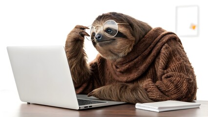 Fototapeta premium Funny Sloth Using Laptop and Working at Desk Representing Slow Productivity, Work-from-Home Humor, and Lazy Animal Concept