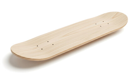 Unfinished natural wooden skateboard deck, ready for customization, isolated on a white background.
