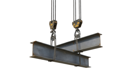 Industrial steel beams suspended by heavy duty crane hooks for construction and engineering projects isolated on transparent background