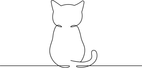 One line art cat from behind - Minimalist continuous line drawing of a sitting cat vector illustration