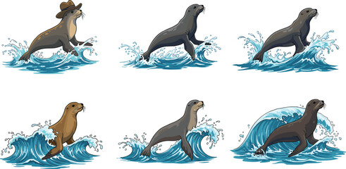 Sea lion surfing on ocean waves, marine animal illustration, aquatic wildlife art, playful seal cartoon, ocean creature in water design © Shuvo creative