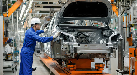 Engineer in automotive factory car assembly line