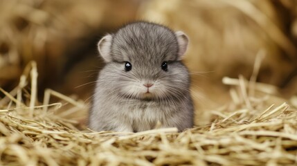 Gray chinchilla sits on straw, close-up, used in animal, pet, or nature content