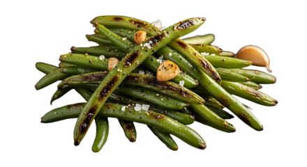 Grilled green beans with roasted garlic and salt on transparent background