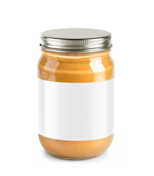Clear Glass Jar Filled with Peanut Butter and with a metallic cap on a transparent background.