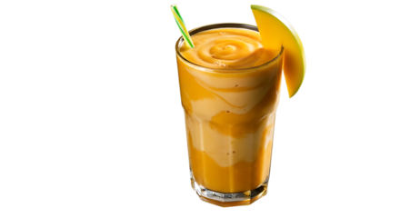 Refreshing mango smoothie in a glass with straw on transparent background