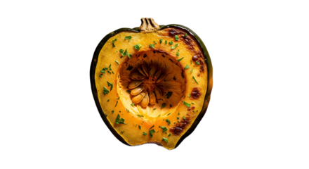 Half roasted acorn squash with parsley, bright food shot on transparent background