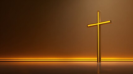 Naklejka premium A modern golden cross glows with inner light in a dark setting.