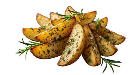 Golden potato wedges seasoned with herbs and salt on transparent background