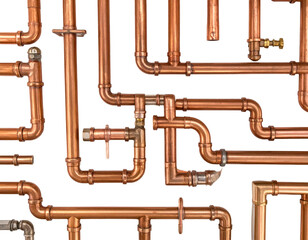 Fototapeta premium Intricate network of copper pipes, elbows, and joints, a plumbing maze on black