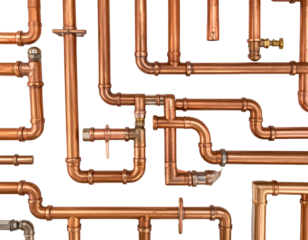 Intricate network of copper pipes, elbows, and joints, a plumbing maze on black