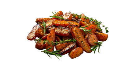 Sizzling roasted carrots with fresh herbs on black plate on transparent background