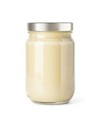 Clear Glass Jar Filled with Mayonnaise with metallic cap on a transparent background