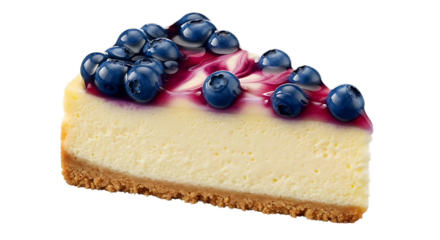 Slice of decadent blueberry cheesecake with beautiful glossy finish on transparent background