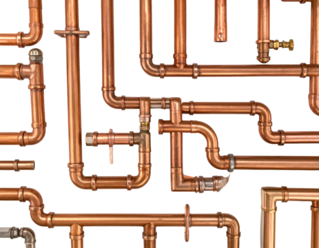 Intricate network of copper pipes, elbows, and joints, a plumbing maze on black