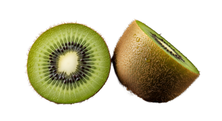 Fresh kiwi cross sections, showcasing bright green fruit on transparent background