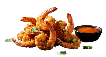 Crispy fried coconut shrimp with dipping sauce on transparent background