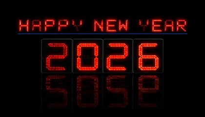 Fototapeta premium 2026: A Festive New Year Celebration: A vibrant digital display glows with the message Happy New Year 2026, setting the tone for a fresh start. A mirrored reflection adds a touch of elegance. 