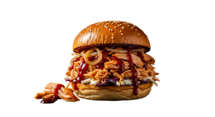 Mouthwatering pulled pork sandwich with coleslaw and barbecue sauce on transparent background