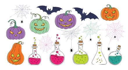 Fototapeta premium A vibrant hand drawn collection of spooky Halloween elements including pumpkins bats and potions.