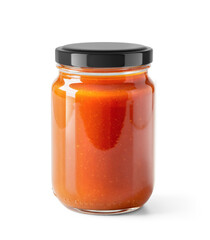 Clear Glass Jar of Roasted Tomato Soup with glossy cap on transparent background