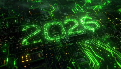 Cybernetic 2026: An illuminated display of the year 2026, rendered in a futuristic, neon green font against a complex circuit board, symbolizing technological advancement and future innovation.