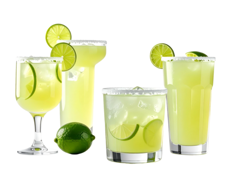 Several refreshing, frosty cocktails in various glassware, garnished with lime