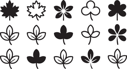 Variety of Black and White Leaf Icons Maple, Clover, and Abstract Botanical Designs