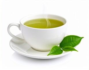 A close up Green tea in white background, hot tea with a view and very aesthetic. Vibrant green tea leaves, showcasing their freshness and potential for a organic products, healthy beverages, or agric