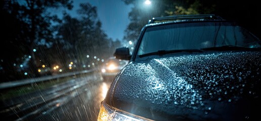 Obraz premium Close-up of a dark-colored car driving in the rain at night with headlights on and streetlights in background