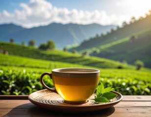 A close up Green tea in white background, hot tea with a view and very aesthetic. Vibrant green tea leaves, showcasing their freshness and potential for a organic products, healthy beverages, or agric