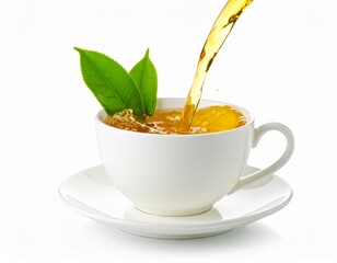 A close up Green tea in white background, hot tea with a view and very aesthetic. Vibrant green tea leaves, showcasing their freshness and potential for a organic products, healthy beverages, or agric