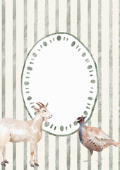 Watercolor Template Frame with stripes background, goat and pheasant. Cozy autumn design. Whimsical vintage element in cottagecore style for invitation, social media and posters.