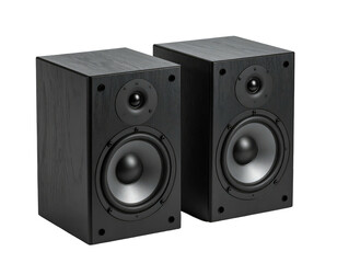 Obraz premium Two rectangular, black speakers with circular drivers, a tweeter, and a wooden texture