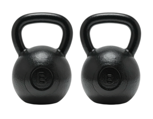 Two identical black cast-iron weights with arched handles, perfect for strength training