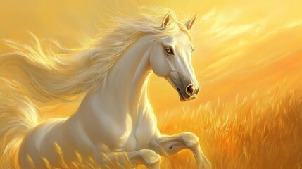 White horse running in a golden field with a bright sky, for nature themes