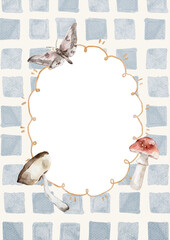 Watercolor Template Frame with chekered background, mushrooms and butterfly. Cozy autumn design. Whimsical vintage element in cottagecore style for invitation, social media and posters.