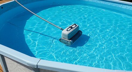 Swimming pool cleaner robot in a bright blue pool under sunlight