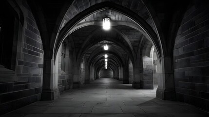 Obraz premium Dark stone corridor with arched ceiling and hanging lights.