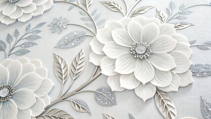 Elegant white floral design with silver accents and delicate details in a close up view of the artwork  custom 3d photo wallpaper panaflex design for wall hd background